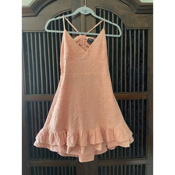 MINKPINK Pink Embroidered Mini Dress Women’s S/M Spaghetti Straps Ruffle Hem - Picture 1 of 9